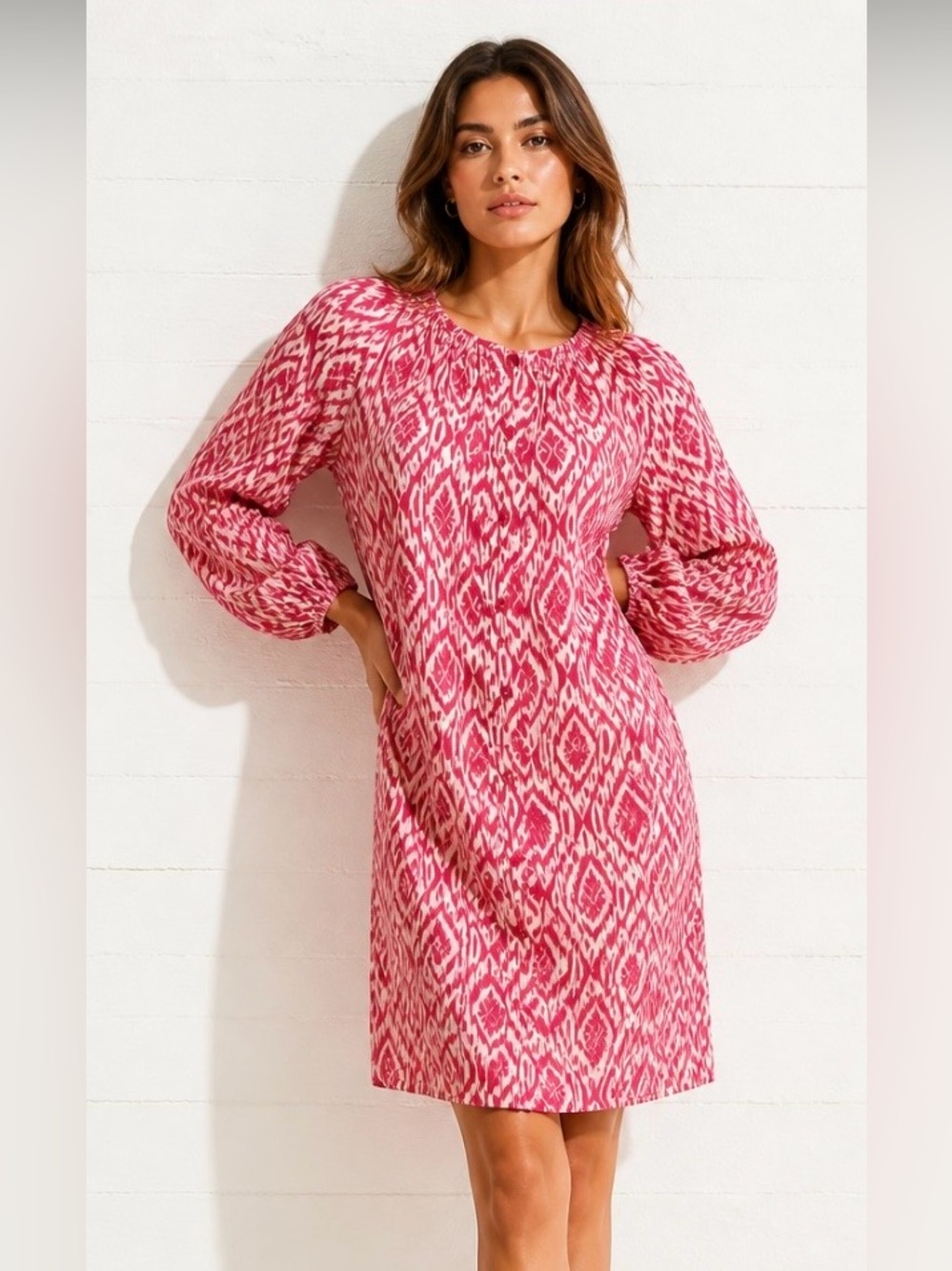 MAEVE Dress Frequencies Ikat Lightweight Smocked Boho Red White Shift